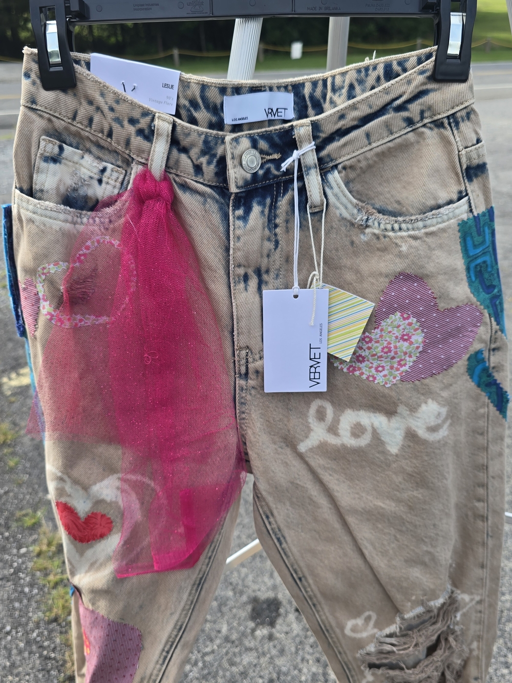 Velvet Beige Acid-Wash Jeans with Pink Tulle & Multicolor Heart Appliqués